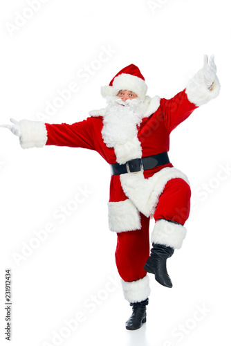 funny bearded santa claus jumping isolated on white