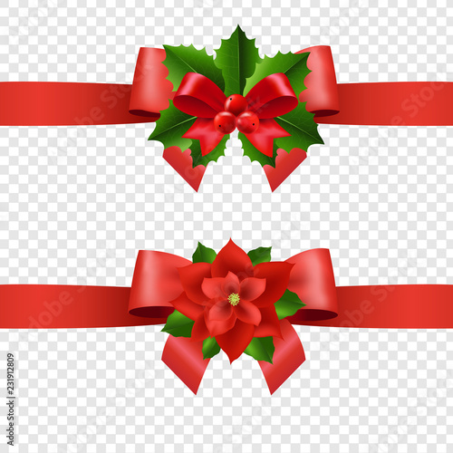 Red Ribbon With Holly Berry And Poinsettia Transparent Background