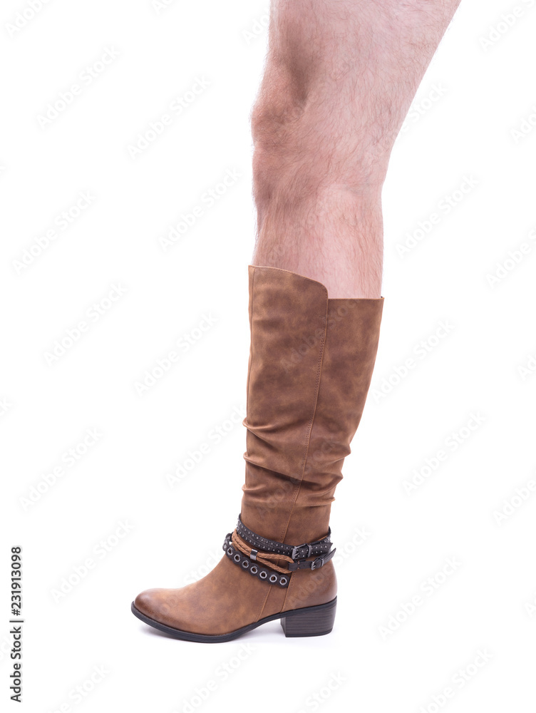 Women's high leather boot with a hairy man's leg