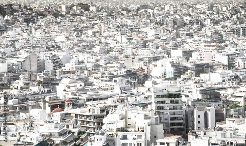 Panoramic view of white buildings city districts, Athens, Greece