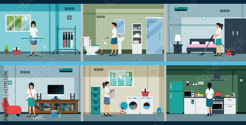 Housewives are working in many different rooms.