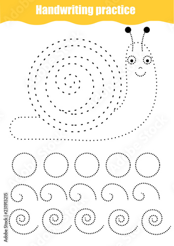 Handwriting practice sheet. Educational children game, printable worksheet for kids. Tracing lines and shapes, helix and circles