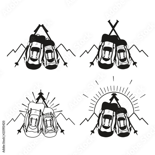Vector set of logotypes for travelling, adventure, trekking, sport cloth or national park brochures. Backpacks with sun, mountains, marching sticks