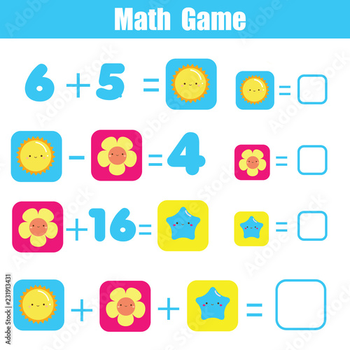 Educational game for children. Solve equations. Study Subtraction and addition