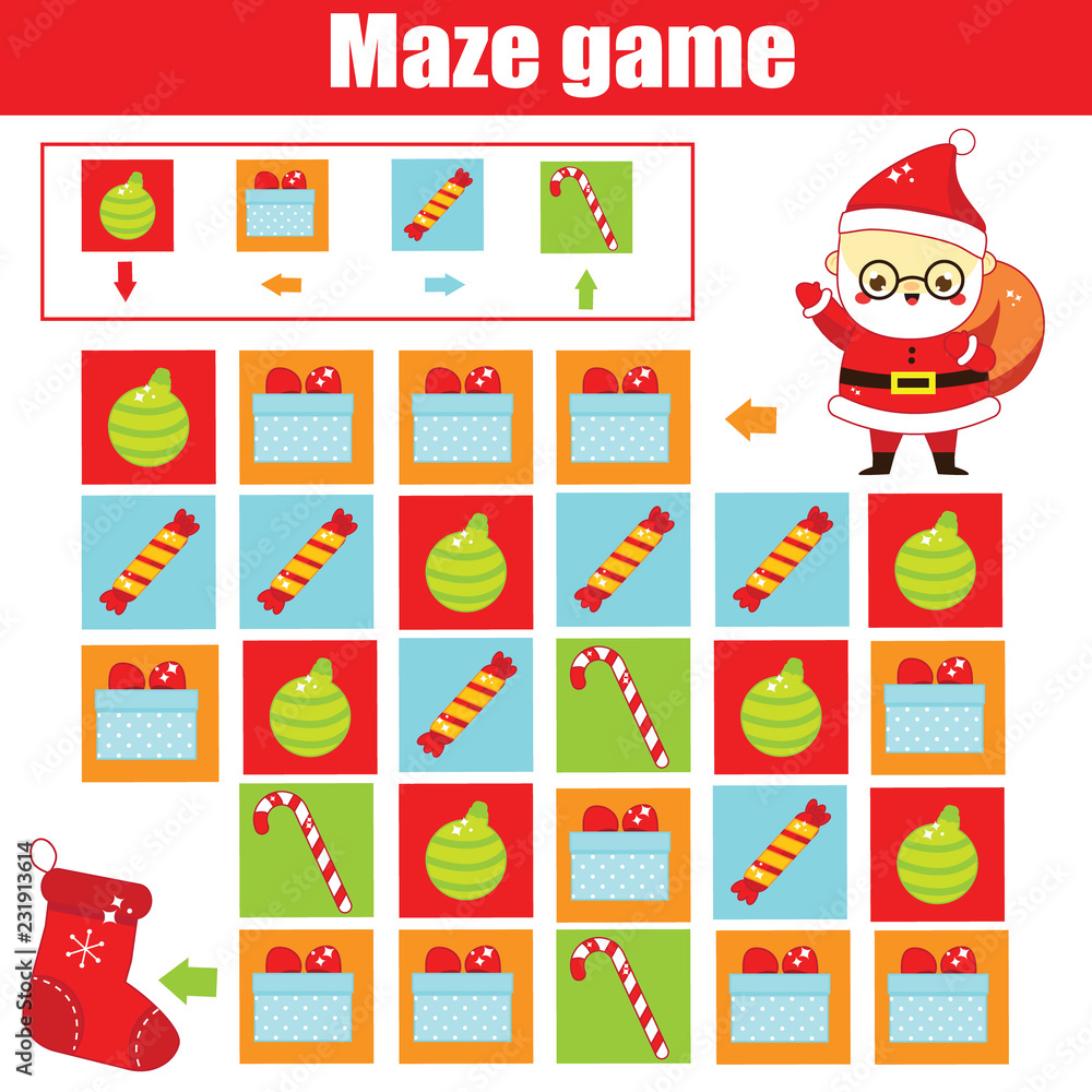New Year and christmas activity. Maze game. Labyrinth with navigation. Help Santa find stocking