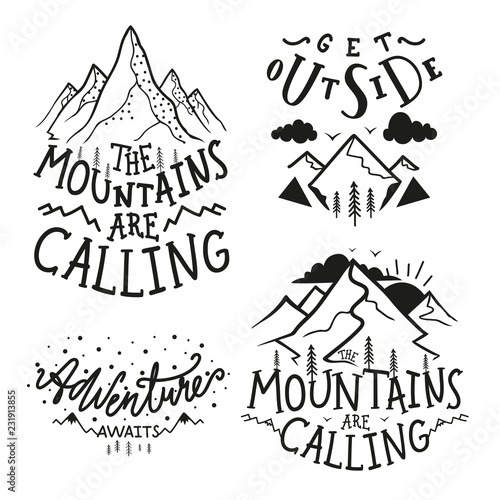 Vector set of lettering motivational emblems with quotes and nature landscapes - The mountains are calling, Get outside, Adventure Awaits.