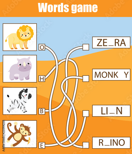 Educational game for children. Word maze activity. Learning vocabulary animals theme