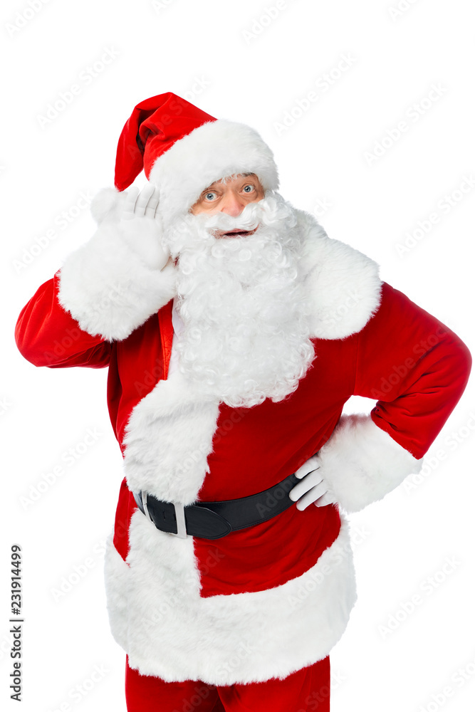 santa claus in red costume listening something isolated on white