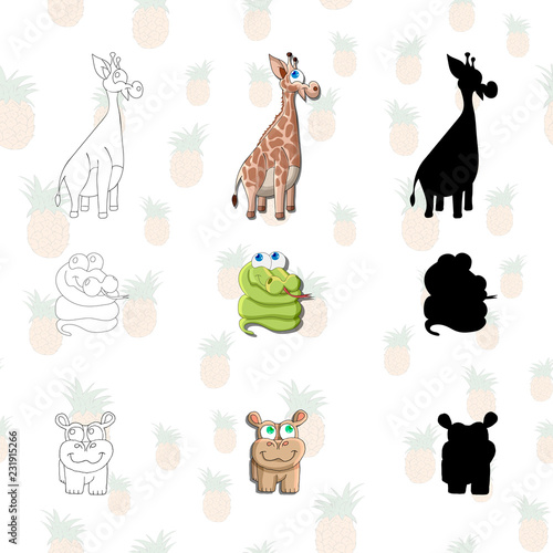 Children s drawing, animal characters.Giraffe, Hippo and snake isolated on seamless background.