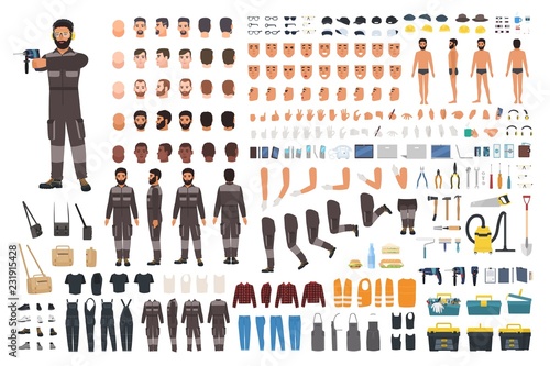Repairman or serviceman creation kit. Bundle of male cartoon character body details, faces, gestures, clothes, working tools and equipment isolated on white background. Flat vector illustration.