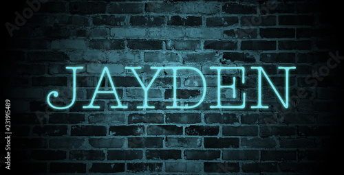 first name Jayden in blue neon on brick wall photo