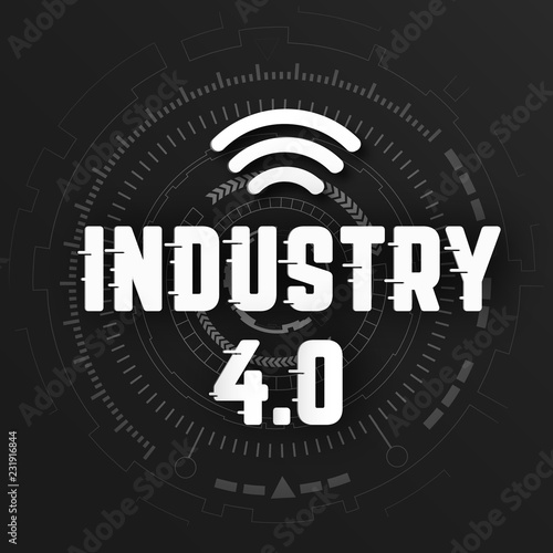 Industry 4.0 with wifi logo on black background with global wireless network line link transmission. Digital transformation and technology concept. Massive future device connection high speed internet