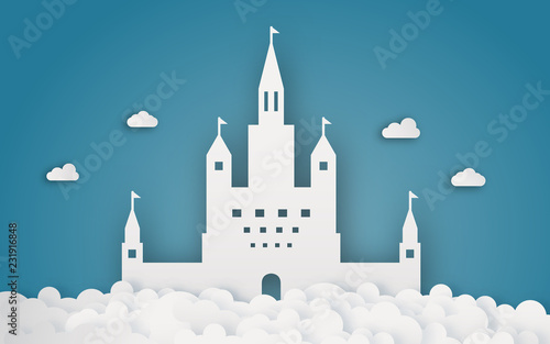 Sky castle on cloud papercraft. Abstract and fantasy theme background. Digital craft and origami concept.