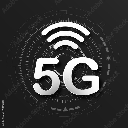 5G cellular mobile communication black logo background with global network line link transmission. Digital transformation and technology concept. Massive future device connection high speed internet