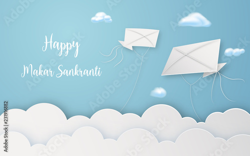 Happy Makar Sankranti festival with flying kites in air digital craft. Religious and Celebration festival concept. Paper art and papercraft graphic design Vector illustration decoration card