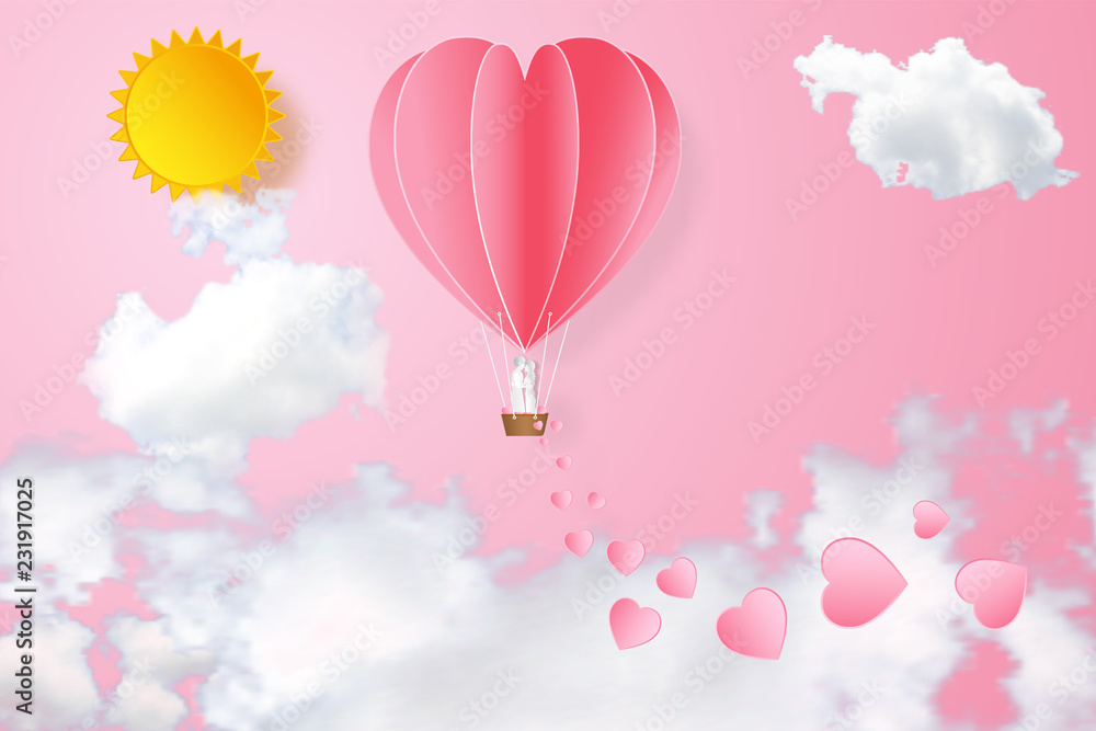 Paper art , cut and digital craft style of the lover in hot air heart balloon on pink sky and sunny as love, happy valentine's day and wedding concept. vector illustration.
