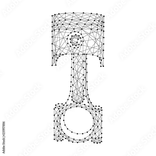 Piston with connecting rod of an internal combustion engine from abstract futuristic polygonal black lines and dots. Vector illustration.
