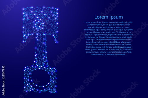 Piston with connecting rod of an internal combustion engine from futuristic polygonal blue lines and glowing stars for banner, poster, greeting card. Vector illustration.