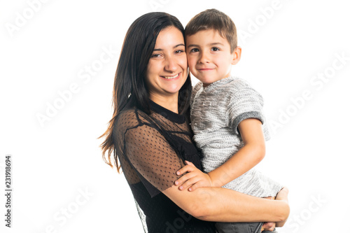 Canvas Print A mother and son on studio white background