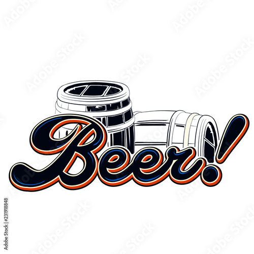 written beer with barrels in the background