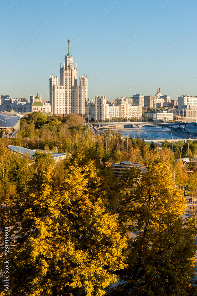 View of Zaryadye Park from the roof of St. Basil's on the red square of Moscow. Russia. Autumn 2018.