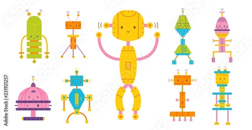 Bundle of colored adorable happy robots isolated on white background. Set of various toy cyborgs, funny electronic monsters or mechanical creatures. Flat cartoon characters. Vector illustration.