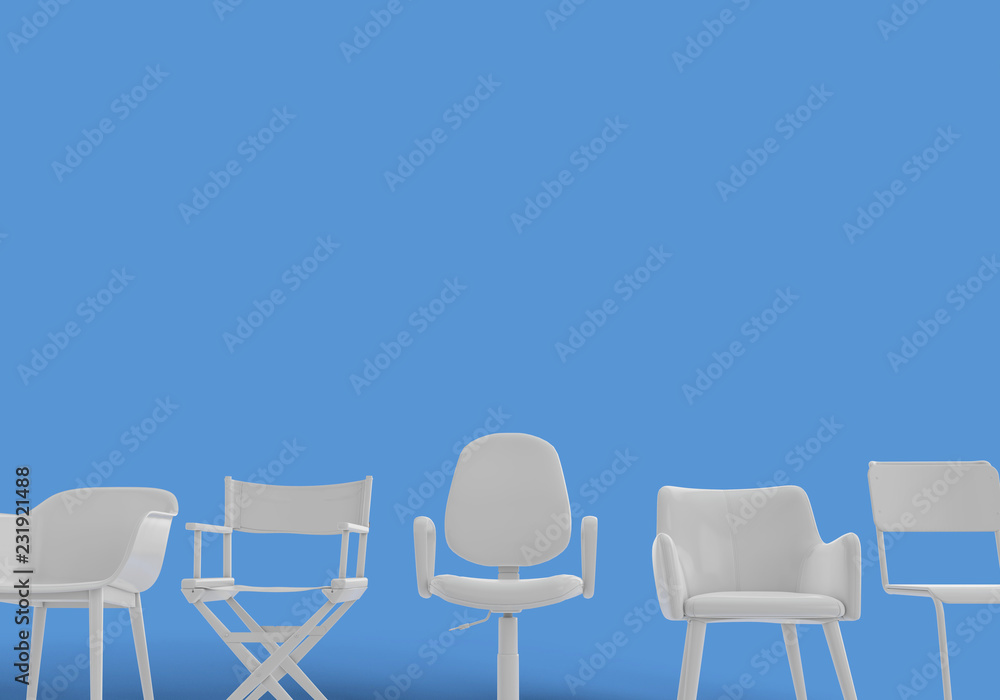Row of different chairs. Job opportunity. Business diversity. recruitment. 3D rendering Row of different chairs. Job opportunity. Business diversity. recruitment. 3D rendering