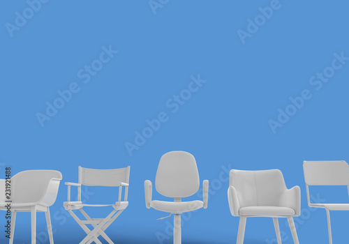 Row of different chairs. Job opportunity. Business diversity. recruitment. 3D rendering