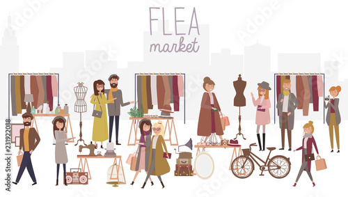 Flea market poster with people selling and shopping at walking street, vintage clothes and accessories shop, cartoon flat design. Editable vector illustration