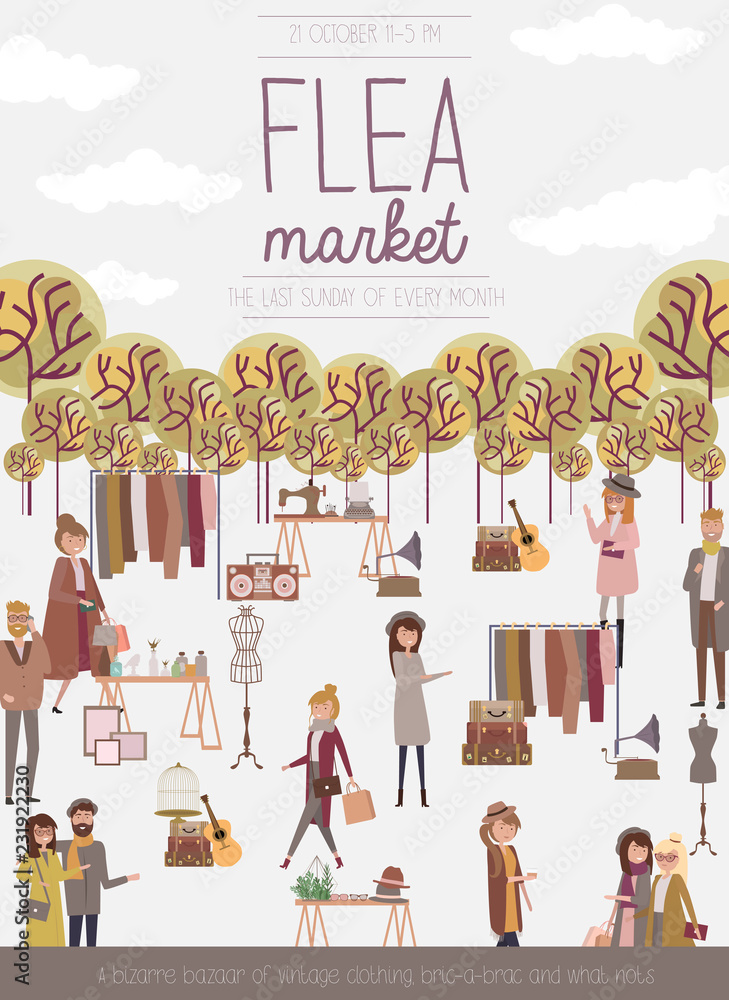 Flea market poster with people selling and shopping at walking street, vintage clothes and ...
