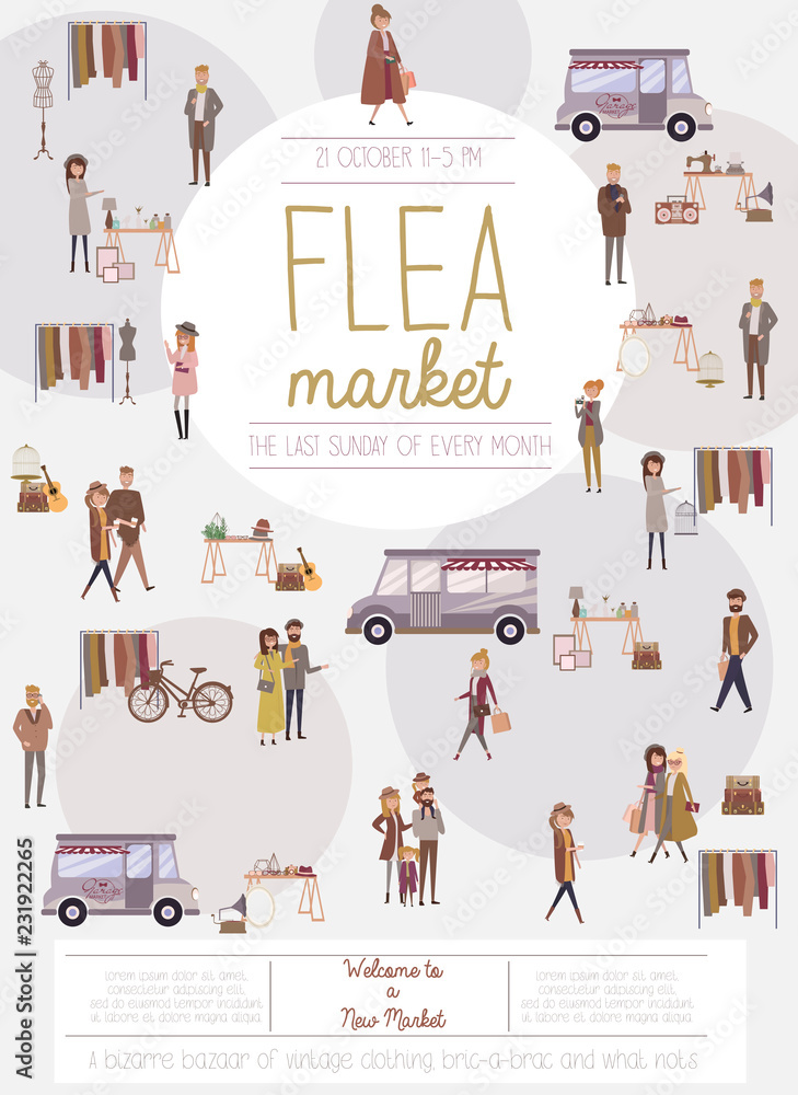 Flea market poster with people selling and shopping at walking street, vintage clothes and ...