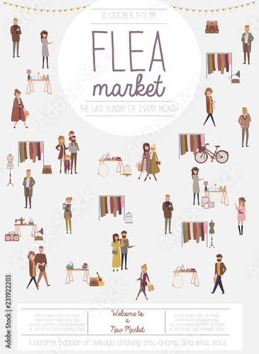 Flea market poster with people selling and shopping at walking street, vintage clothes and accessories shop, cartoon flat design. Editable vector illustration
