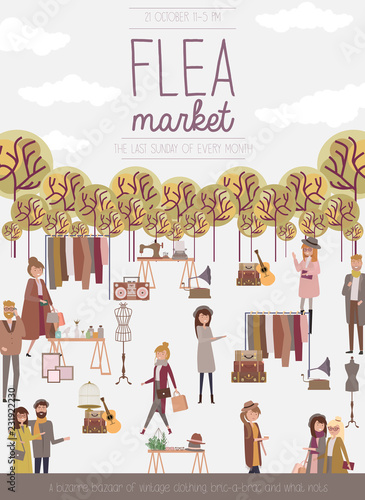 Flea market poster with people selling and shopping at walking street, vintage clothes and accessories shop, cartoon flat design. Editable vector illustration