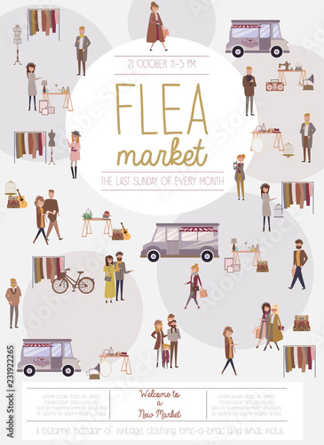 Flea market poster with people selling and shopping at walking street, vintage clothes and accessories shop, cartoon flat design. Editable vector illustration