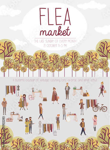 Flea market poster with people selling and shopping at walking street, vintage clothes and accessories shop, cartoon flat design. Editable vector illustration