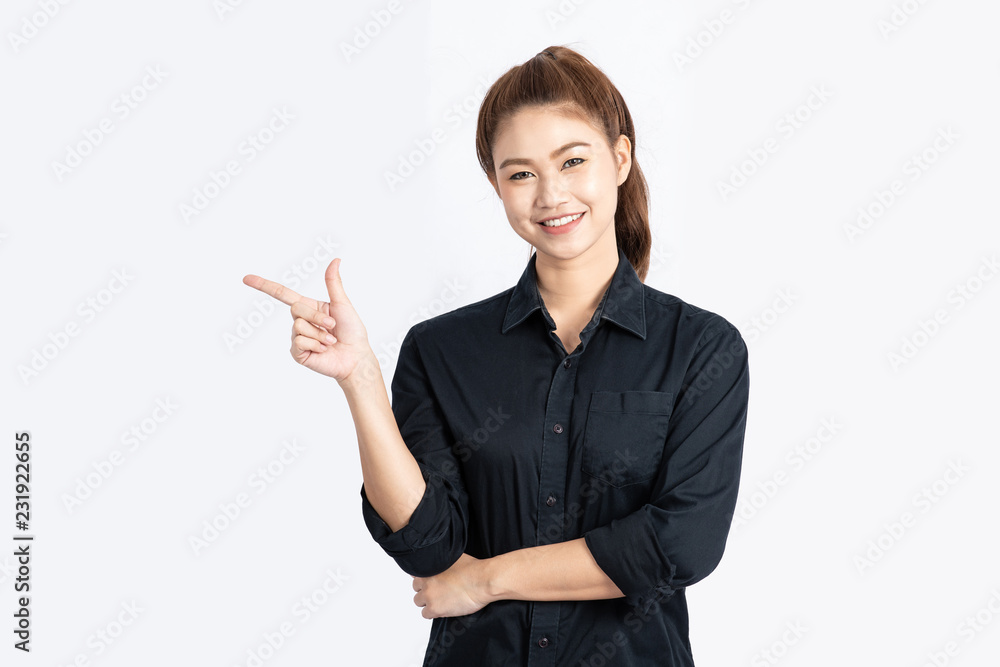 Beautiful Asian Business woman smile and pointing to copy space and thinking get idea with her business start up feeling so happiness and cheerful,Isolate on white background,Business Startup concept Beautiful Asian Business woman smile and pointing to copy space and thinking get idea with her business start up feeling so happiness and cheerful,Isolate on white background,Business Startup concept