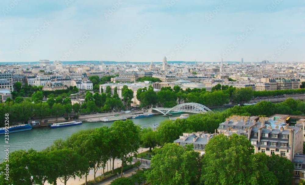 View of Paris and river Seine with height of Eiffel Tower View of Paris and river Seine with height of Eiffel Tower