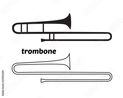 Continuous Line Drawing of Trombone linear icon. Thin line vector illustration. Trumpet silhouette shape. Contour symbol isolated on white background.