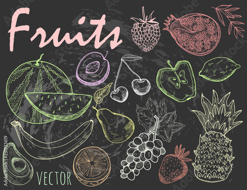Hand drawn graphic fruits. Vector set. Chalk style. Colored chalks 