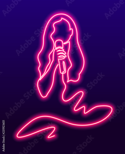 Continuous Line Drawing of sing woman in karaoke. Vector wired microphone icon.. Vector neon illustration sign, bright signboard, light banner