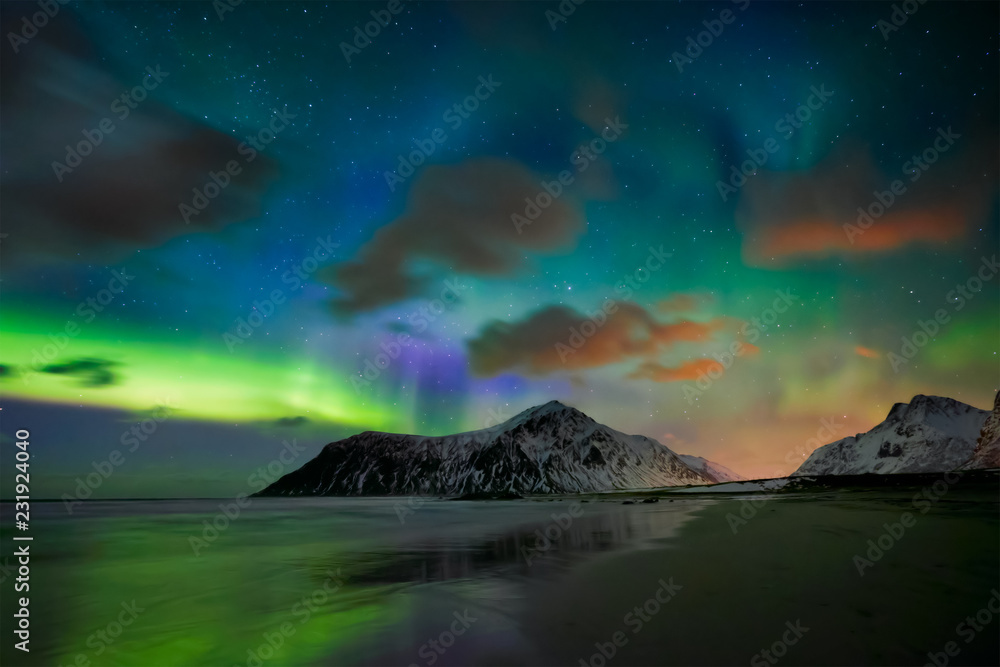 Aurora borealis northern lights. Lofoten islands, Norway