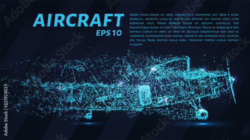 The plane of the particles. Agricultural aircraft takes off. The plane disintegrates to smaller molecules. Vector illustration.