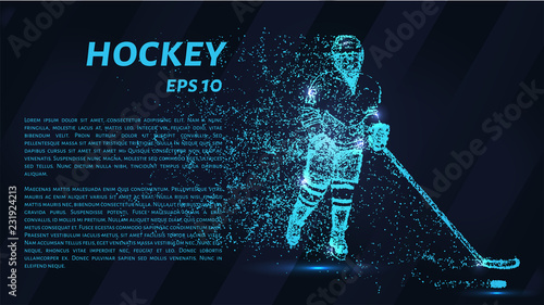 A hockey game consists of points. Particles in the form of a hockey player on a dark background. Vector illustration. Graphic concept of hockey.