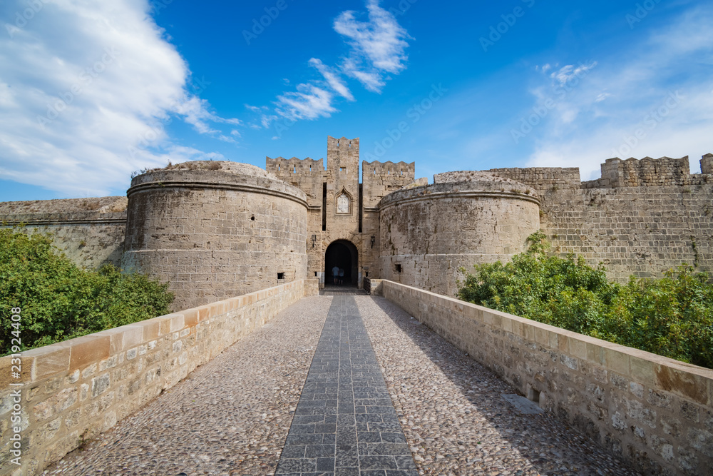The Amboise gate and city walls of medieval town of city of Rhodes (Rhodes, Greece)