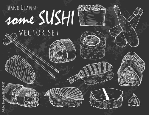Hand drawn some sushi and rolls. Chalk style graphic vector set