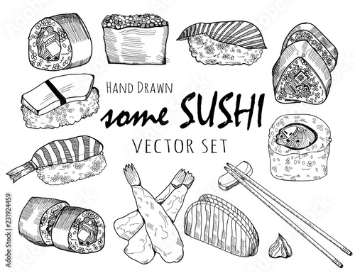 Hand drawn some sushi and rolls. Graphic vector set
