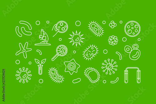 Microbiology vector outline illustration on green background 