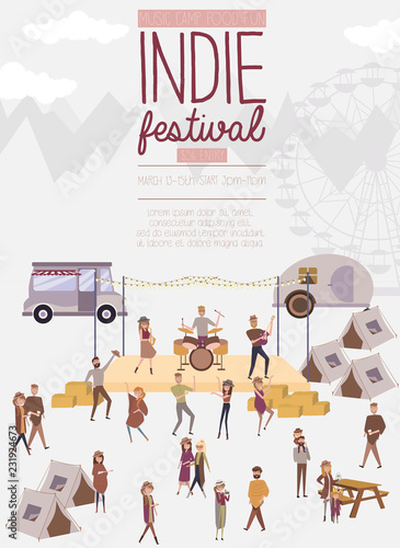Indie festival poster with people walking, buying meals, taking photo, talking to each other, fun and dance, watch the performance, cartoon flat design. Editable vector illustration