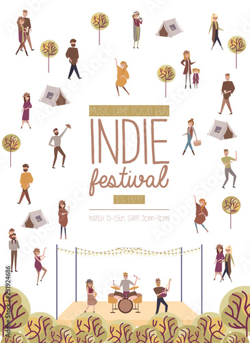 Indie festival poster with people walking, buying meals, taking photo, talking to each other, fun and dance, watch the performance, cartoon flat design. Editable vector illustration