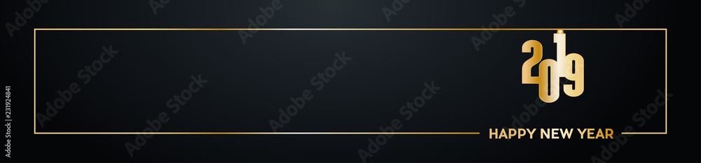 2019 Happy New Year header background. Golden text with frame, banner 2019 Happy New Year header background. Golden text with frame, banner